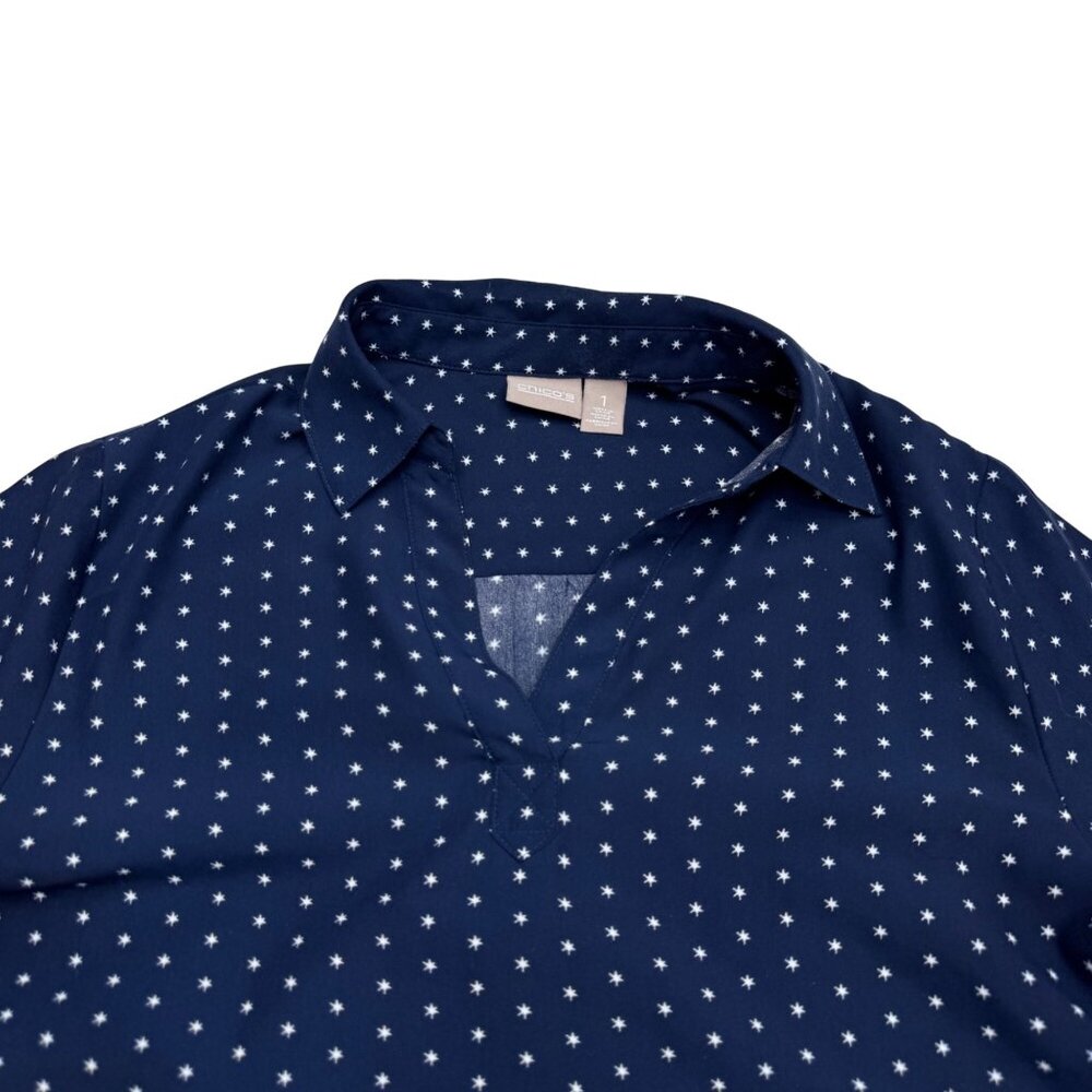 Chico's Women's Navy Blue Collared LS Blouse Top Star Print, Size 1 (US M) - Picture 3 of 7